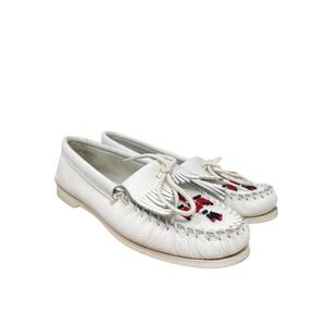 MINNETONKA Thunderbird Women’s MOCCASINS LEATHER BEADED USA Sz 9-White